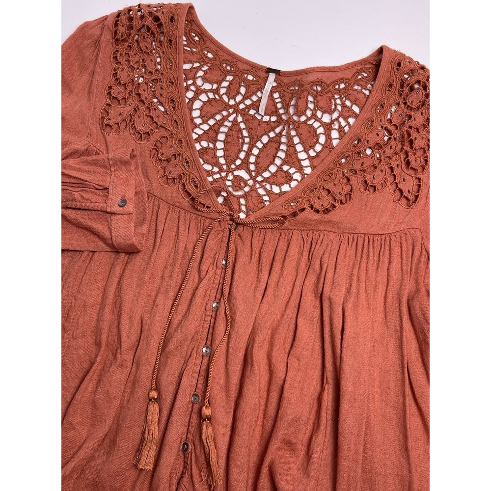 Free People Womens Small Rust Red Orange Doin It Right Blouse Beaded‎ Peasant
